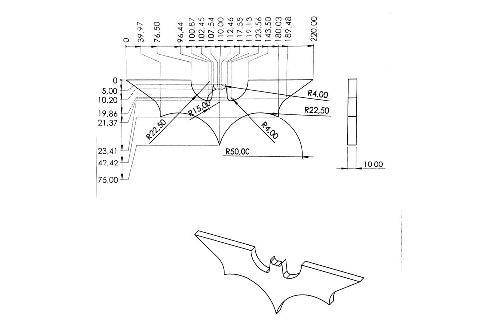 Vermaßte CAD-Zeichnung des Emblems mit isometrischer Ansicht